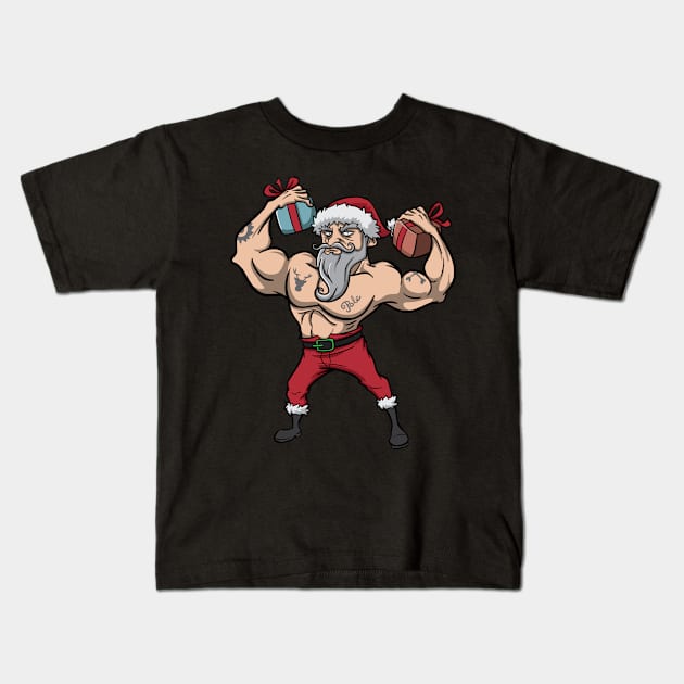 Workout Lifting Lifter Santa Claus Gym Christmas Fitness Kids T-Shirt by TellingTales